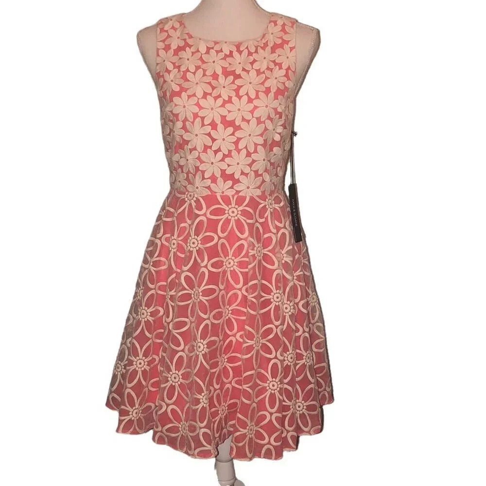Kaya & SLOANE Sz S Coral & Ivory Nordstrom Embroidered Overlay Party Dress Lace
